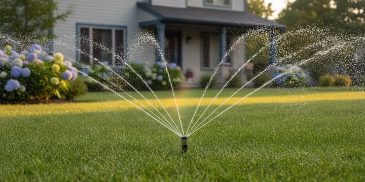 A sprinkler watering a green lawn with a house in the background.